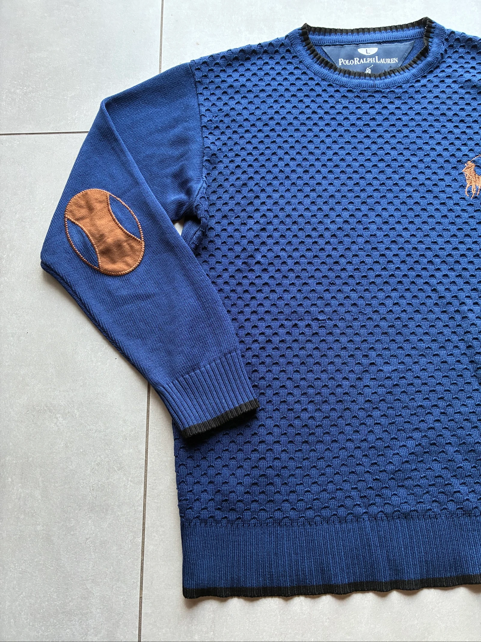 Polo Ralph Lauren Suéter Azul Gola Redonda Texturizado Vintage Y2K Logo Bordado Marrom Remendo nos Cotovelos – photo 4